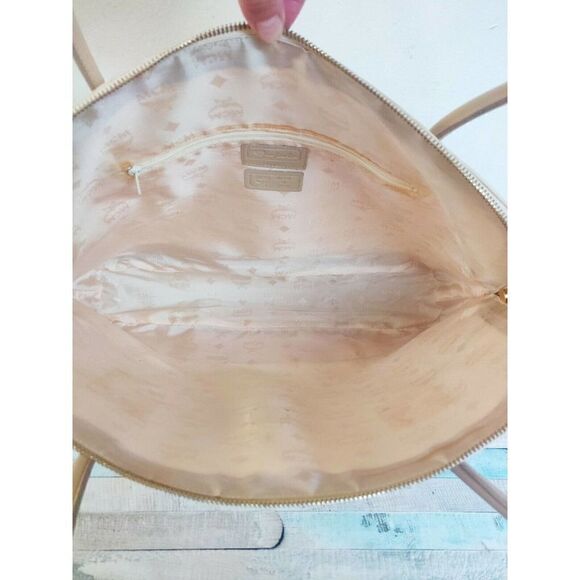 XL MCM MUNCHEN D8848 TEXTURED IVORY GENUINE LEATHER TOTE SHOULDER BAG HANDBAG - Picture 10 of 11